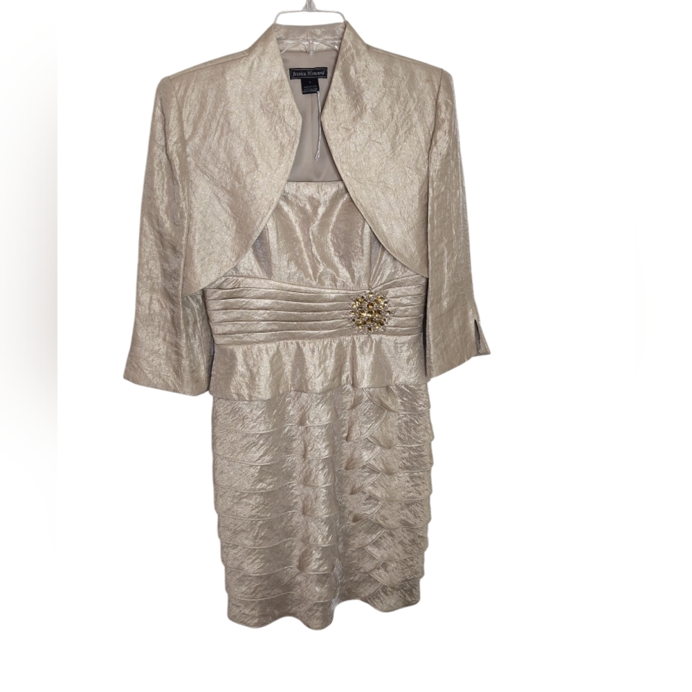 Jessica Howard Champagne Gold Metallic Tiered Dress & Blazer Wedding Holiday 6